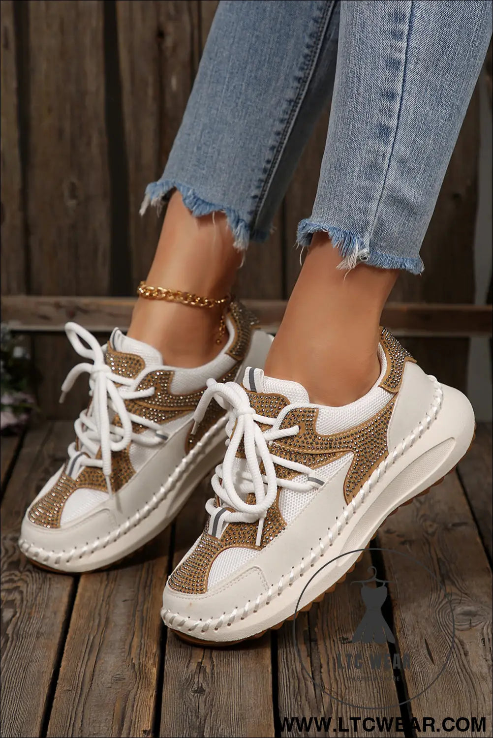 White rhinestone pu leather platform casual sneakers - womens shoes