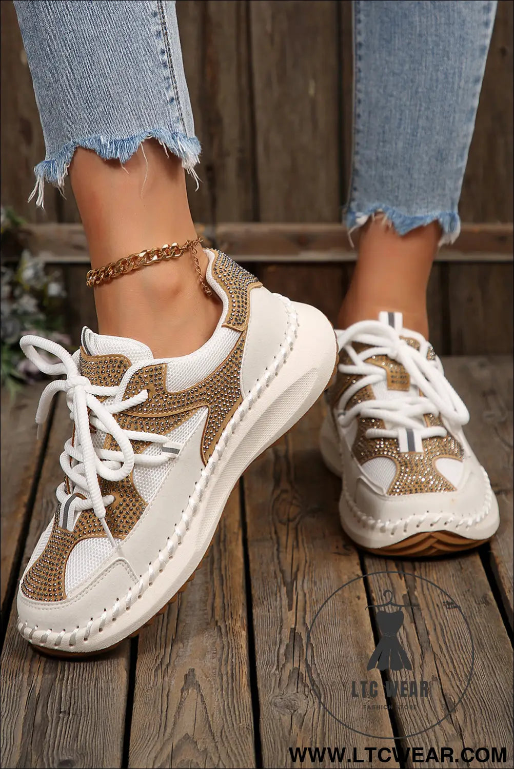 White rhinestone pu leather platform casual sneakers - womens shoes