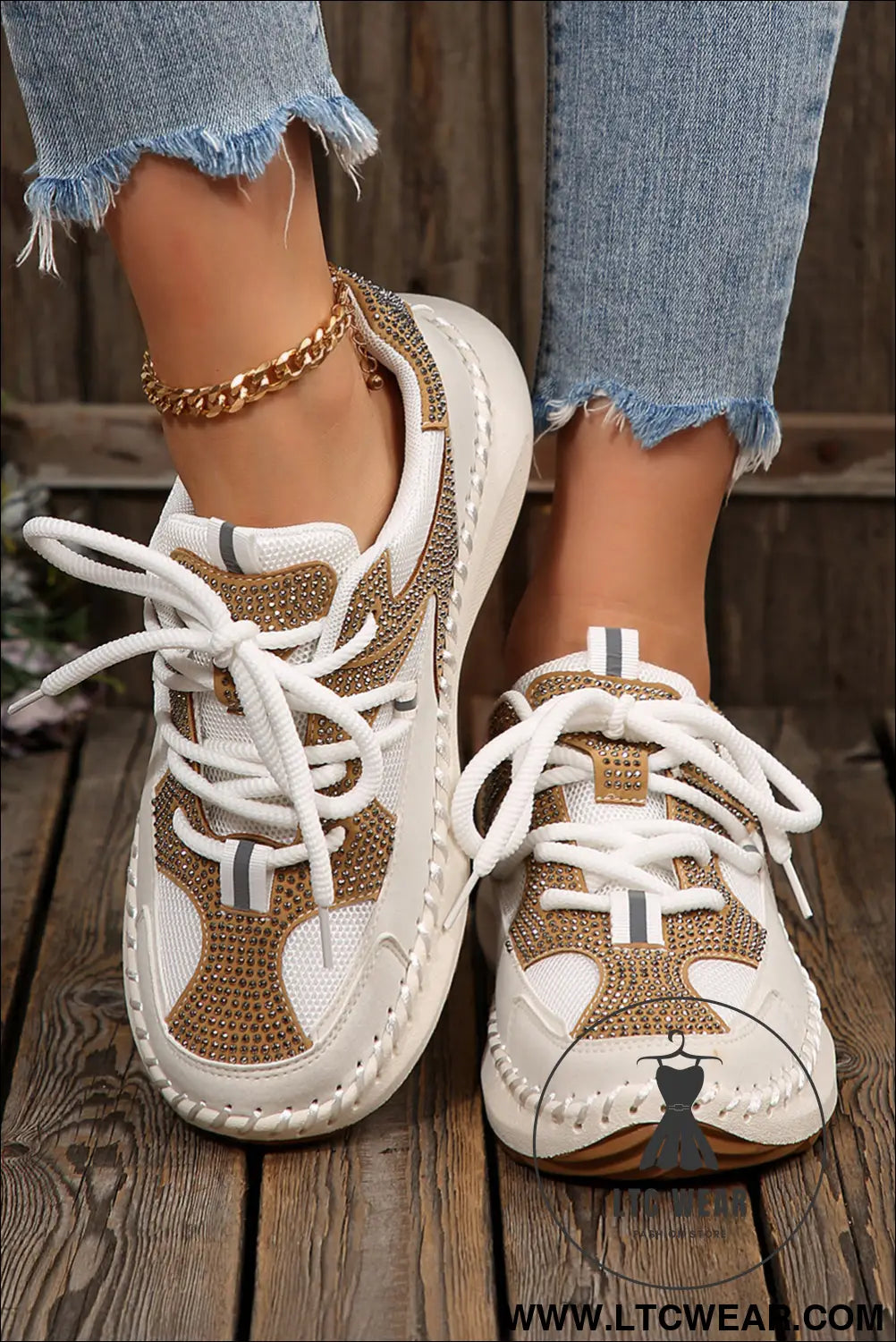 White rhinestone pu leather platform casual sneakers - womens shoes