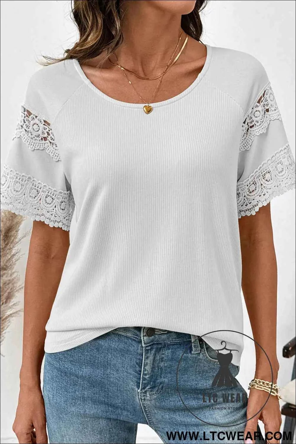 White Ribbed Lace Patchwork Short Sleeve Top