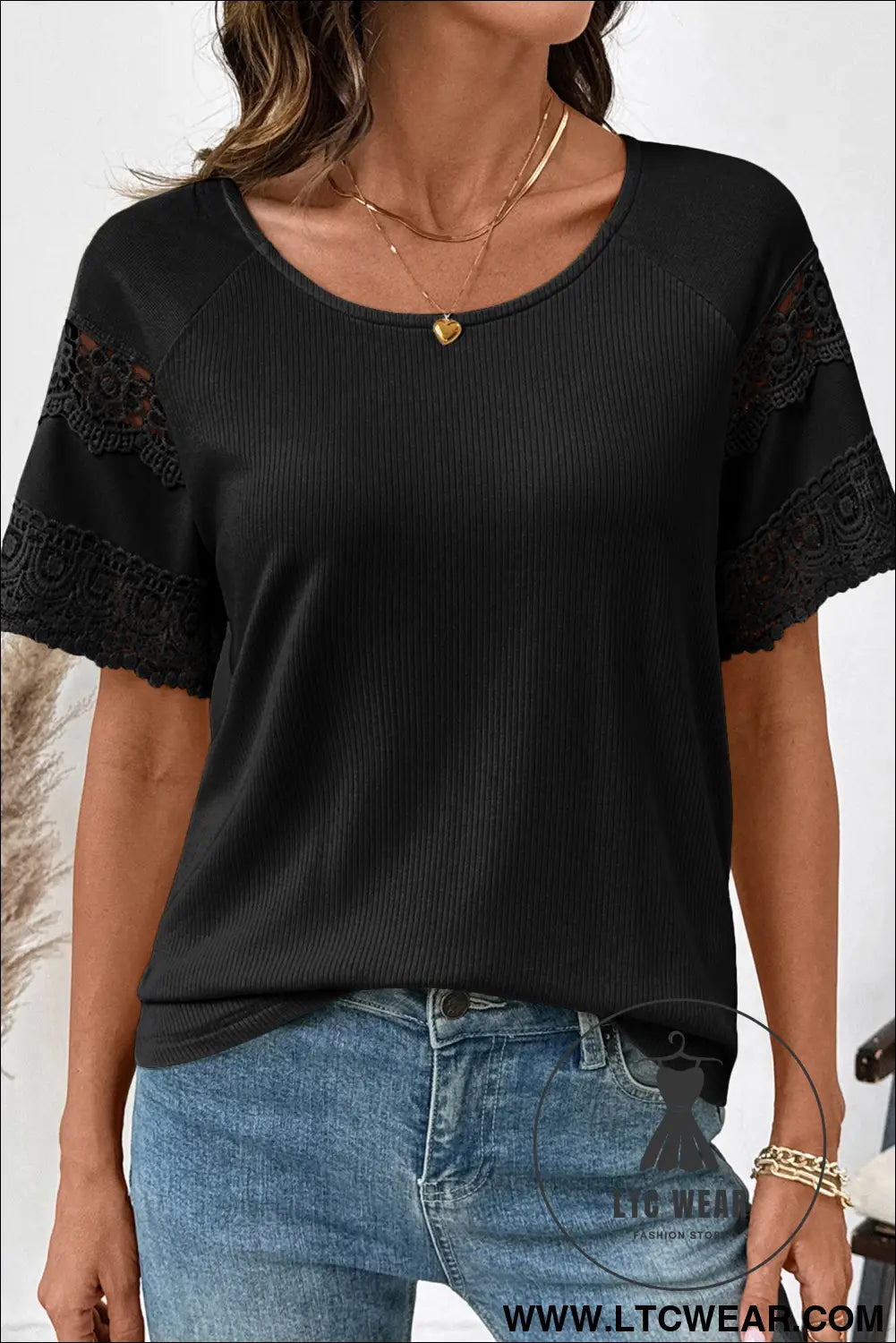 White ribbed lace patchwork short sleeve top - tops & tees