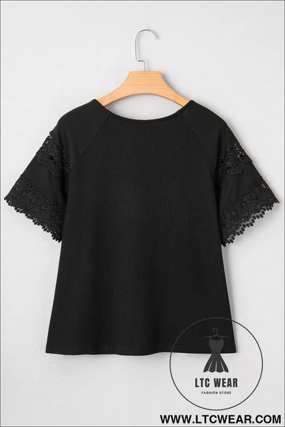 White ribbed lace patchwork short sleeve top - tops & tees