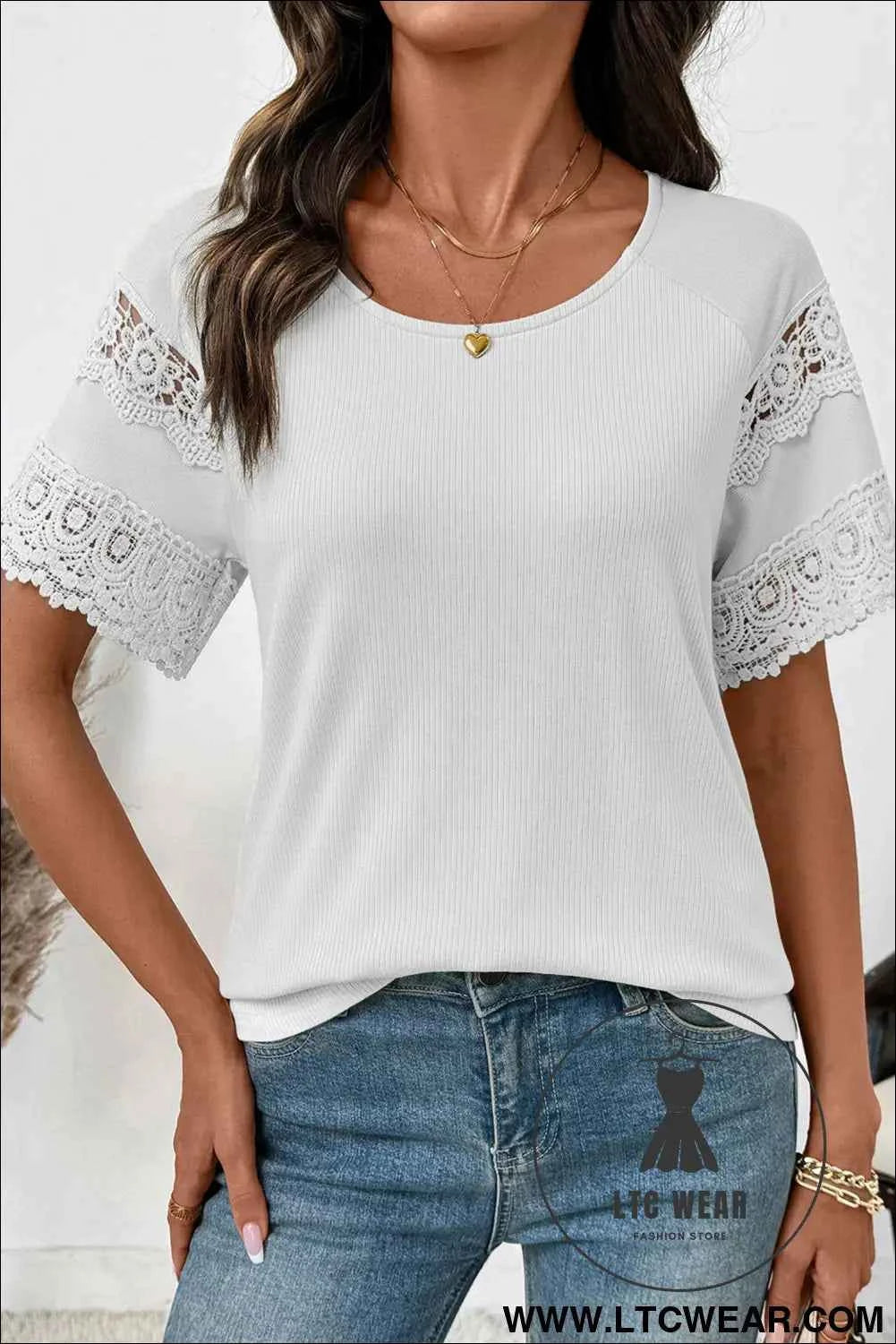 White Ribbed Lace Patchwork Short Sleeve Top