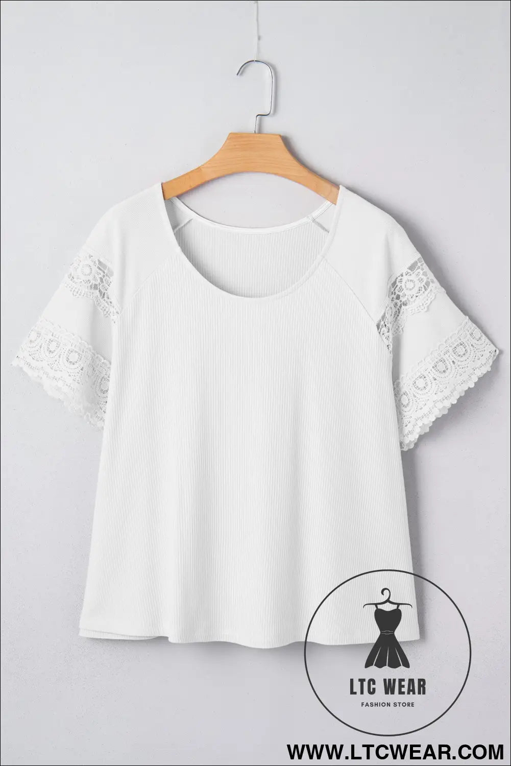 White ribbed lace patchwork short sleeve top - tops & tees