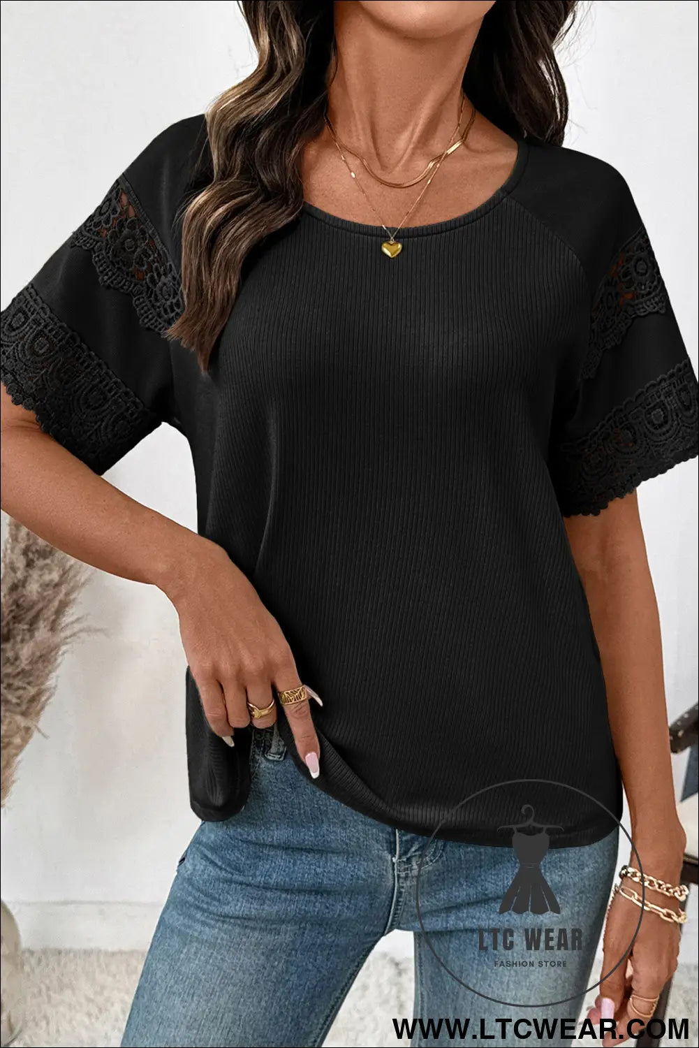 White ribbed lace patchwork short sleeve top - tops & tees