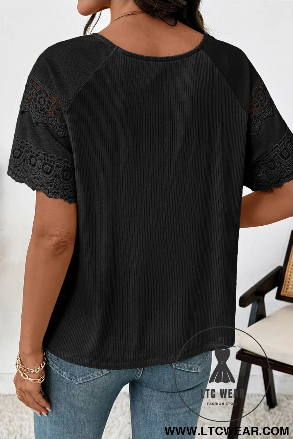 White ribbed lace patchwork short sleeve top - tops & tees