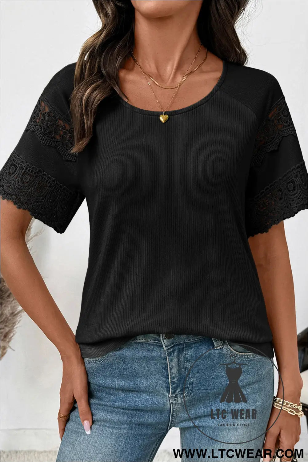 White ribbed lace patchwork short sleeve top - tops & tees