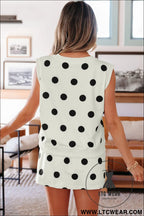 White ribbed trim polka dot print tank split mini skort 2pcs set - two piece dresses