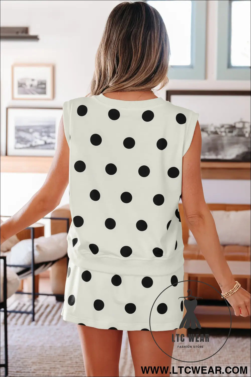 White ribbed trim polka dot print tank split mini skort 2pcs set - two piece dresses