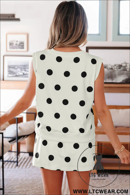 White ribbed trim polka dot print tank split mini skort 2pcs set - two piece dresses