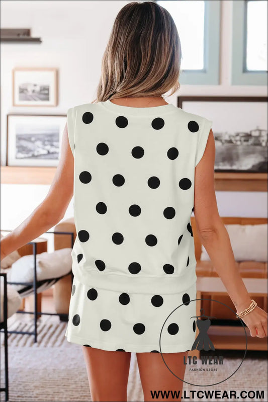 White ribbed trim polka dot print tank split mini skort 2pcs set - two piece dresses