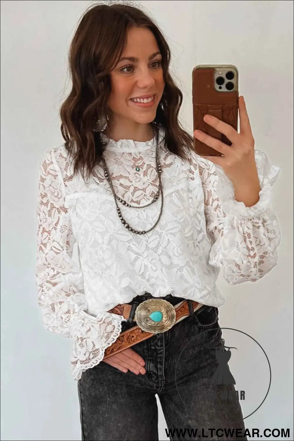 White Ruffled Round Neck Long Flounce Sleeve Sheer Lace Blouse