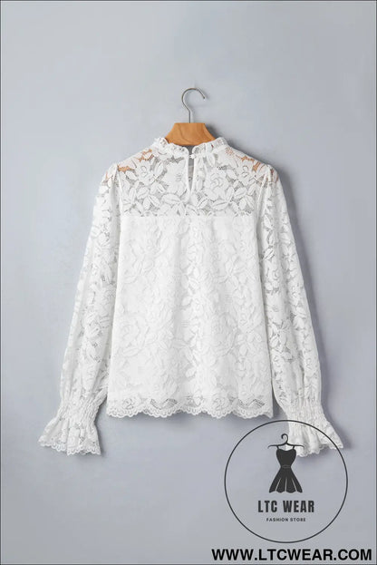 White Ruffled Round Neck Long Flounce Sleeve Sheer Lace Blouse - L.T.C Wear Online Fashion Store