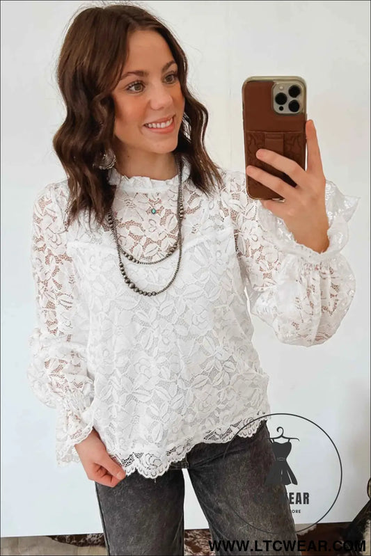 White Ruffled Round Neck Long Flounce Sleeve Sheer Lace Blouse