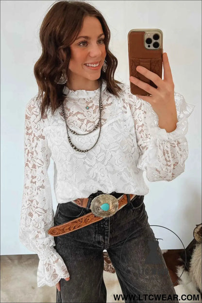 White Ruffled Round Neck Long Flounce Sleeve Sheer Lace Blouse