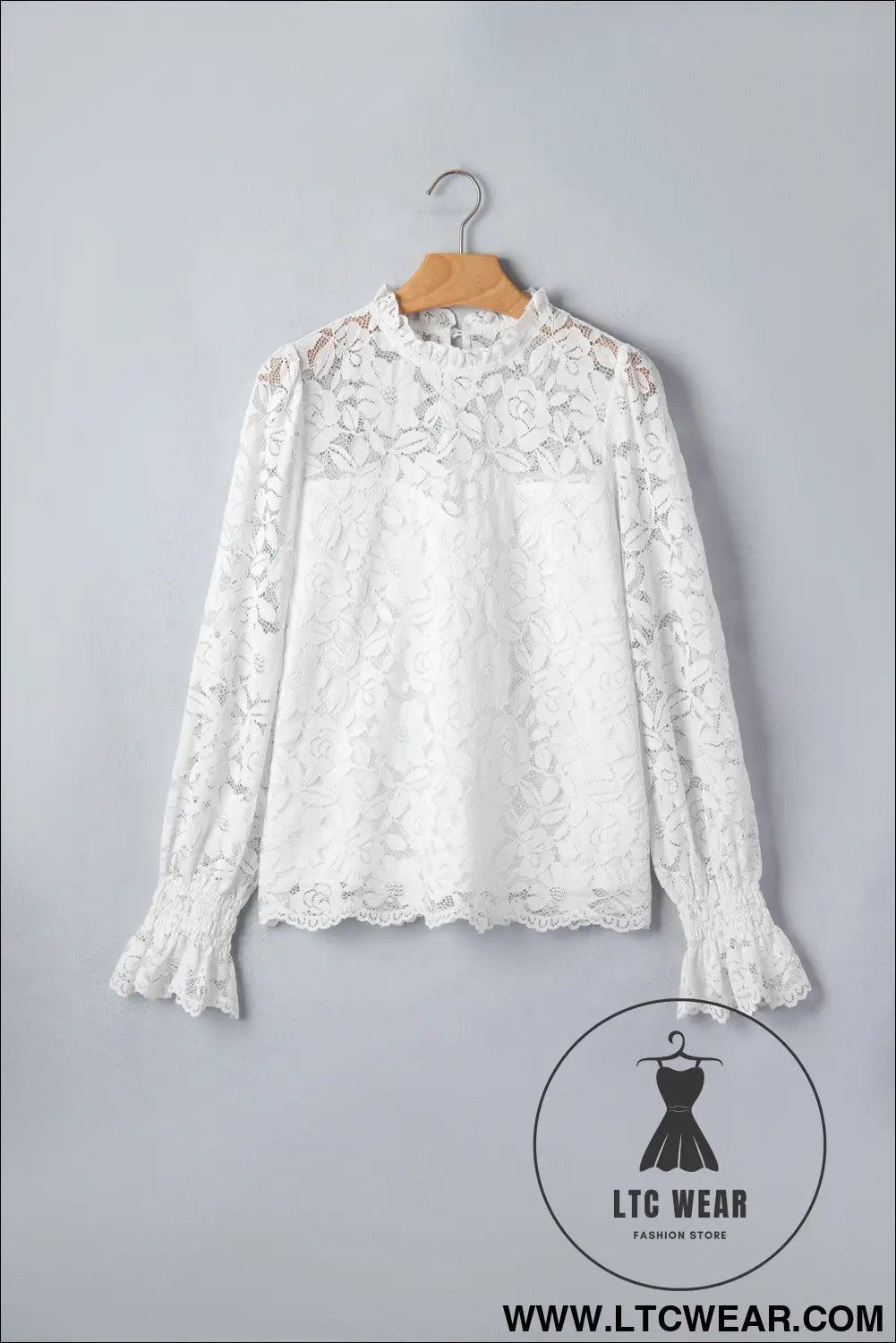 White Ruffled Round Neck Long Flounce Sleeve Sheer Lace Blouse - L.T.C Wear Online Fashion Store