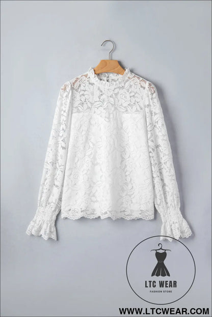 White Ruffled Round Neck Long Flounce Sleeve Sheer Lace Blouse - L.T.C Wear Online Fashion Store