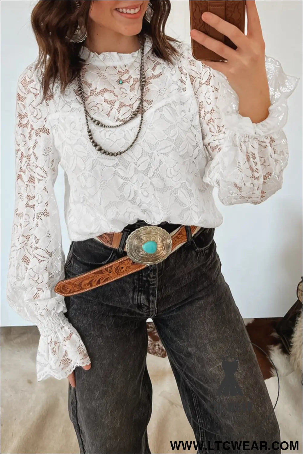 White Ruffled Round Neck Long Flounce Sleeve Sheer Lace Blouse - L.T.C Wear Online Fashion Store