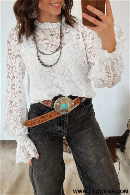 White Ruffled Round Neck Long Flounce Sleeve Sheer Lace Blouse - L.T.C Wear Online Fashion Store