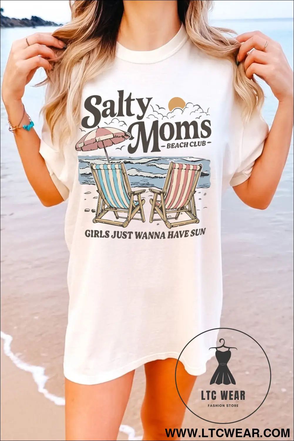 White salty moms beach day graphic cotton tunic tee - white / l / 95% cotton + 5% elastane - graphic tees