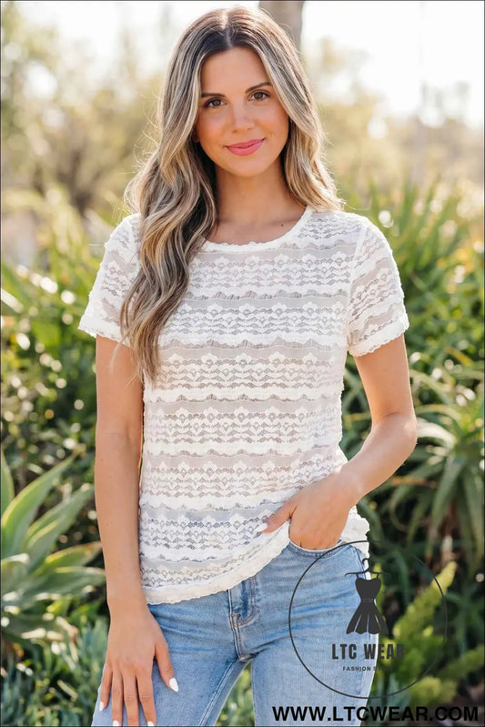 White Sheer Lace Short Sleeve Top