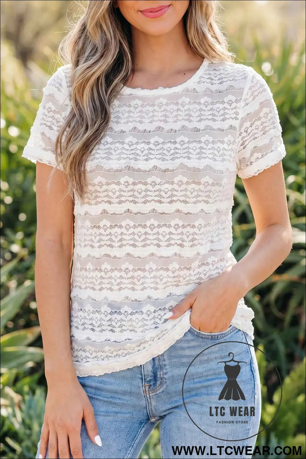 White Sheer Lace Short Sleeve Top