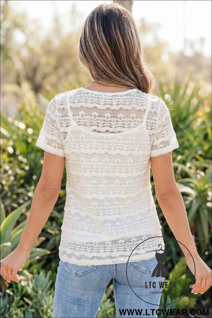 White Sheer Lace Short Sleeve Top