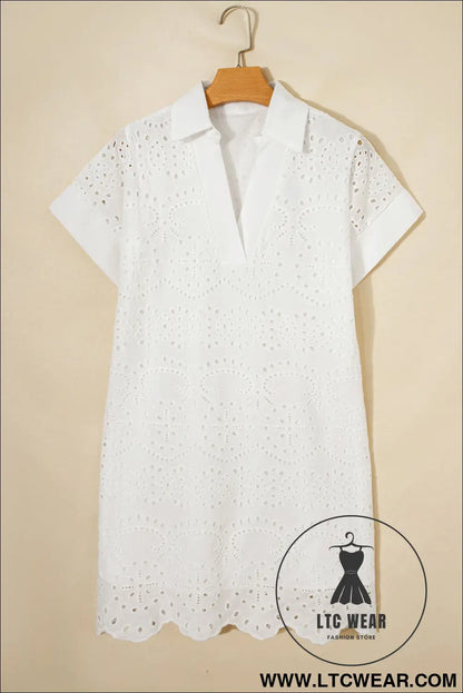 White Solid Color Eyelet Embroidered T Shirt Mini Dress - L.T.C Wear Online Fashion Store