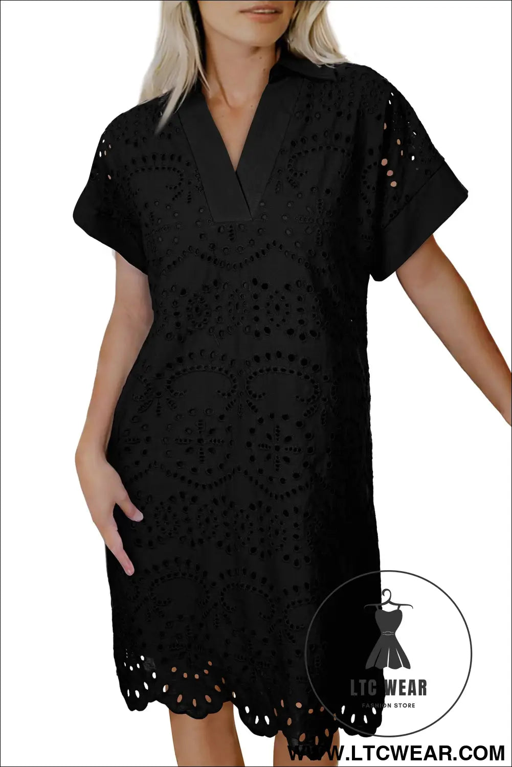 White Solid Color Eyelet Embroidered T Shirt Mini Dress - L.T.C Wear Online Fashion Store