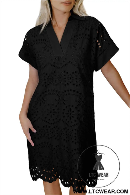 White Solid Color Eyelet Embroidered T Shirt Mini Dress - L.T.C Wear Online Fashion Store