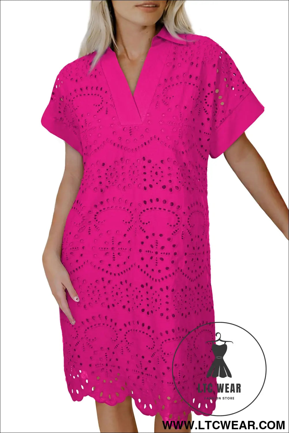 White Solid Color Eyelet Embroidered T Shirt Mini Dress - L.T.C Wear Online Fashion Store