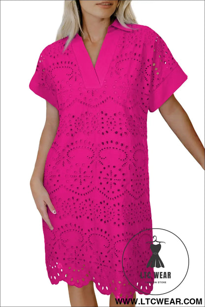 White Solid Color Eyelet Embroidered T Shirt Mini Dress - L.T.C Wear Online Fashion Store