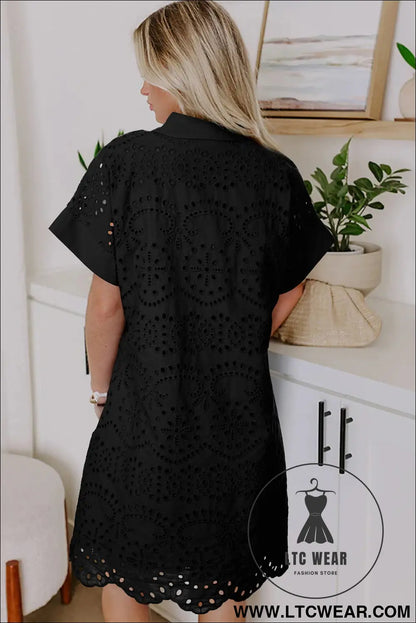 White Solid Color Eyelet Embroidered T Shirt Mini Dress - L.T.C Wear Online Fashion Store