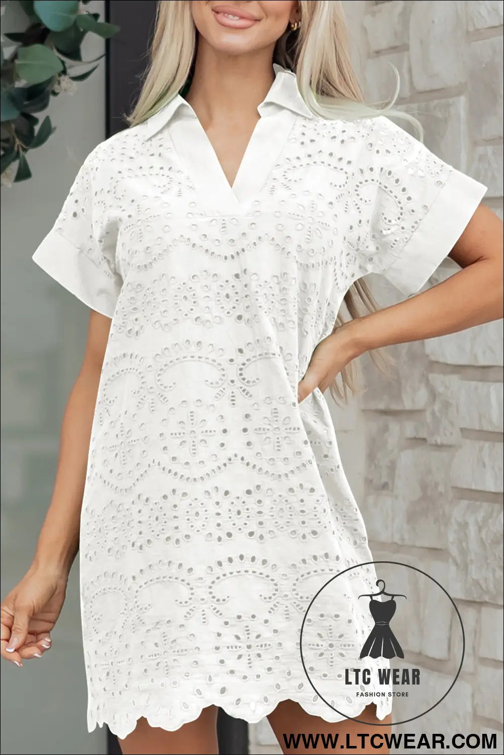 White Solid Color Eyelet Embroidered T Shirt Mini Dress - L.T.C Wear Online Fashion Store