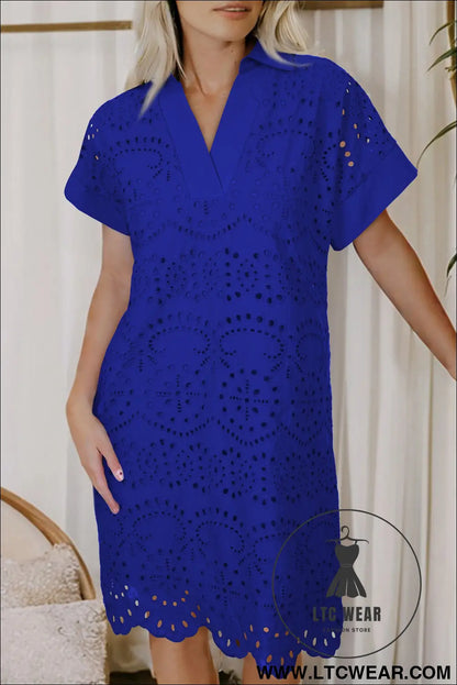 White Solid Color Eyelet Embroidered T Shirt Mini Dress - L.T.C Wear Online Fashion Store
