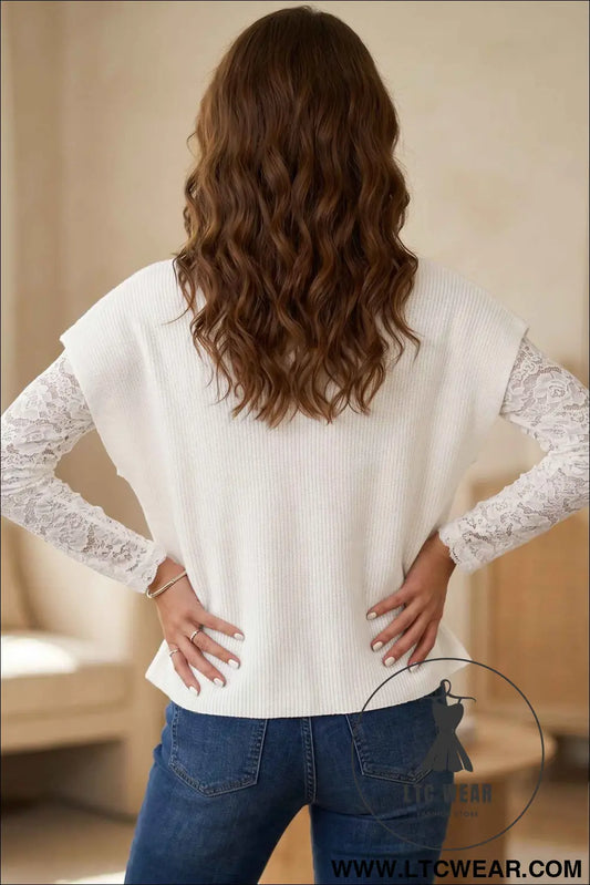 White Solid Color Ribbed Knit Mock Neck Loose Short Sleeve Sweater