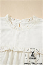 White solid color ruffle trim waffle textured blouse - 15%