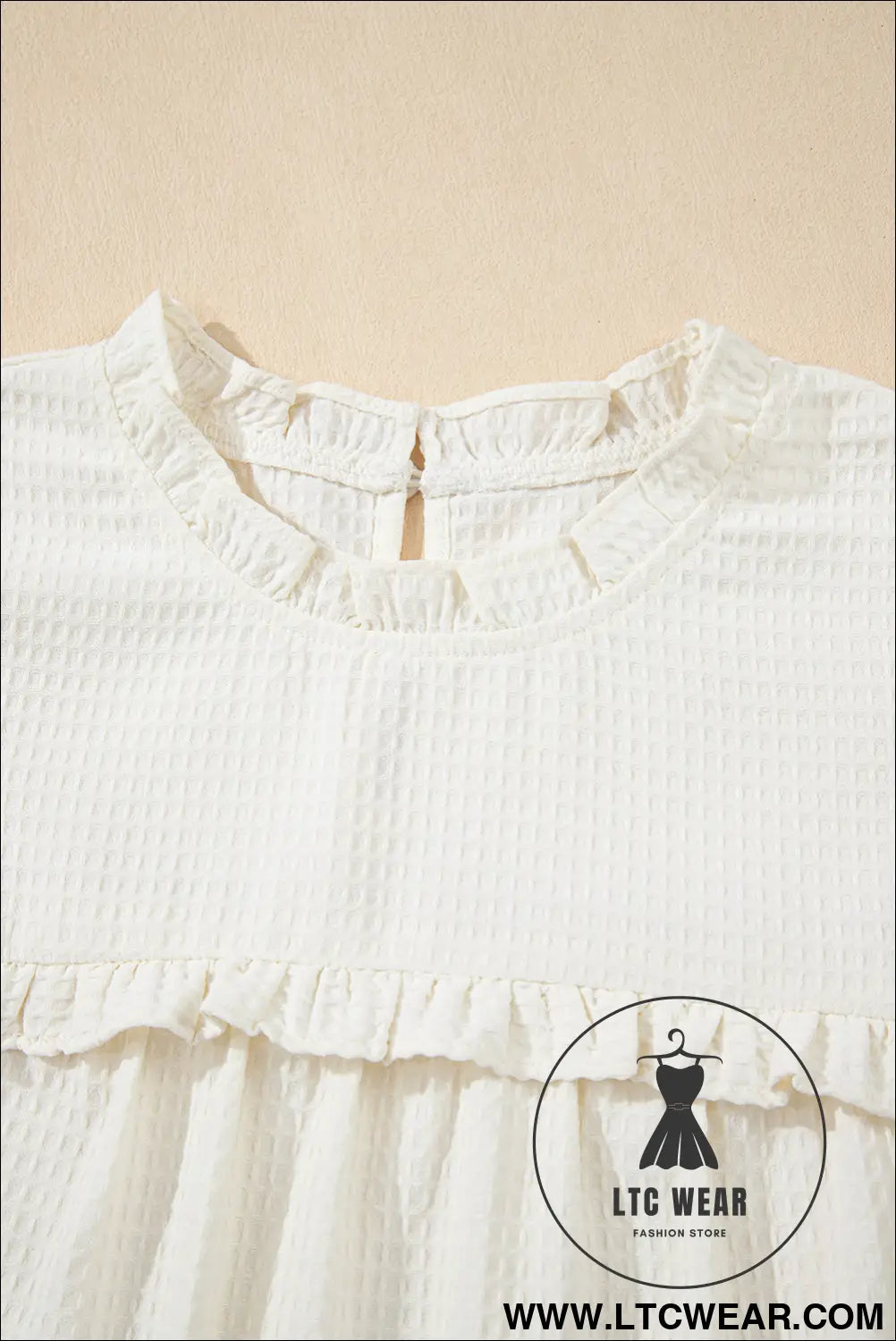 White solid color ruffle trim waffle textured blouse - 15%