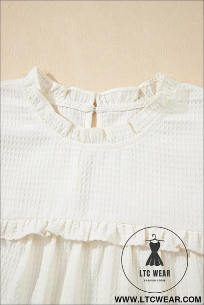 White solid color ruffle trim waffle textured blouse - 15%