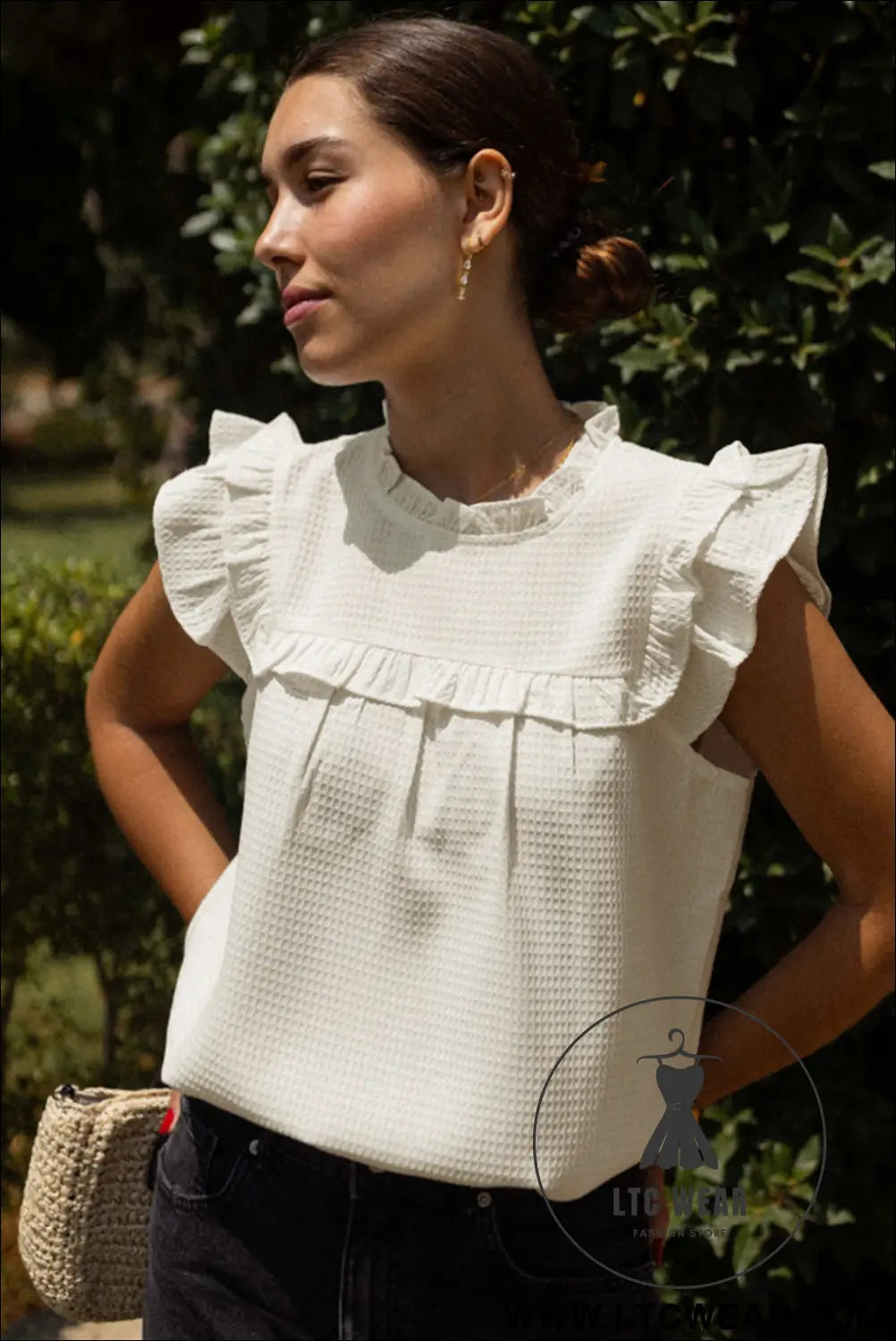 White solid color ruffle trim waffle textured blouse - 15%