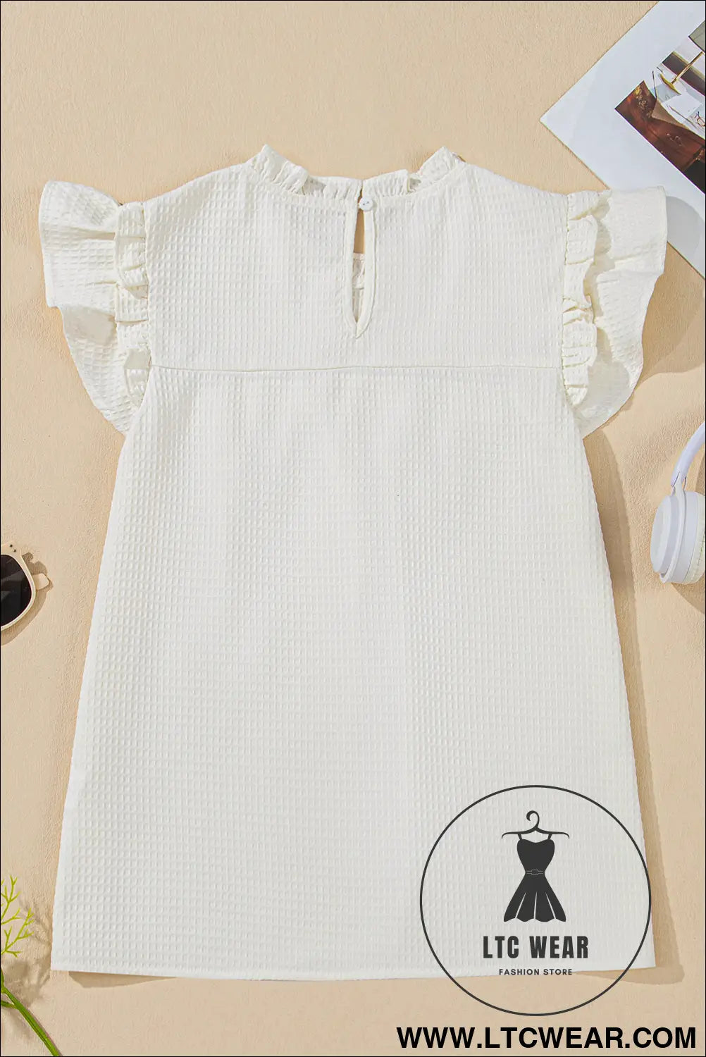 White solid color ruffle trim waffle textured blouse - 15%