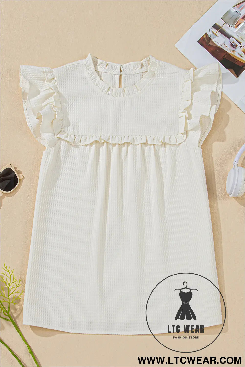 White solid color ruffle trim waffle textured blouse - 15%
