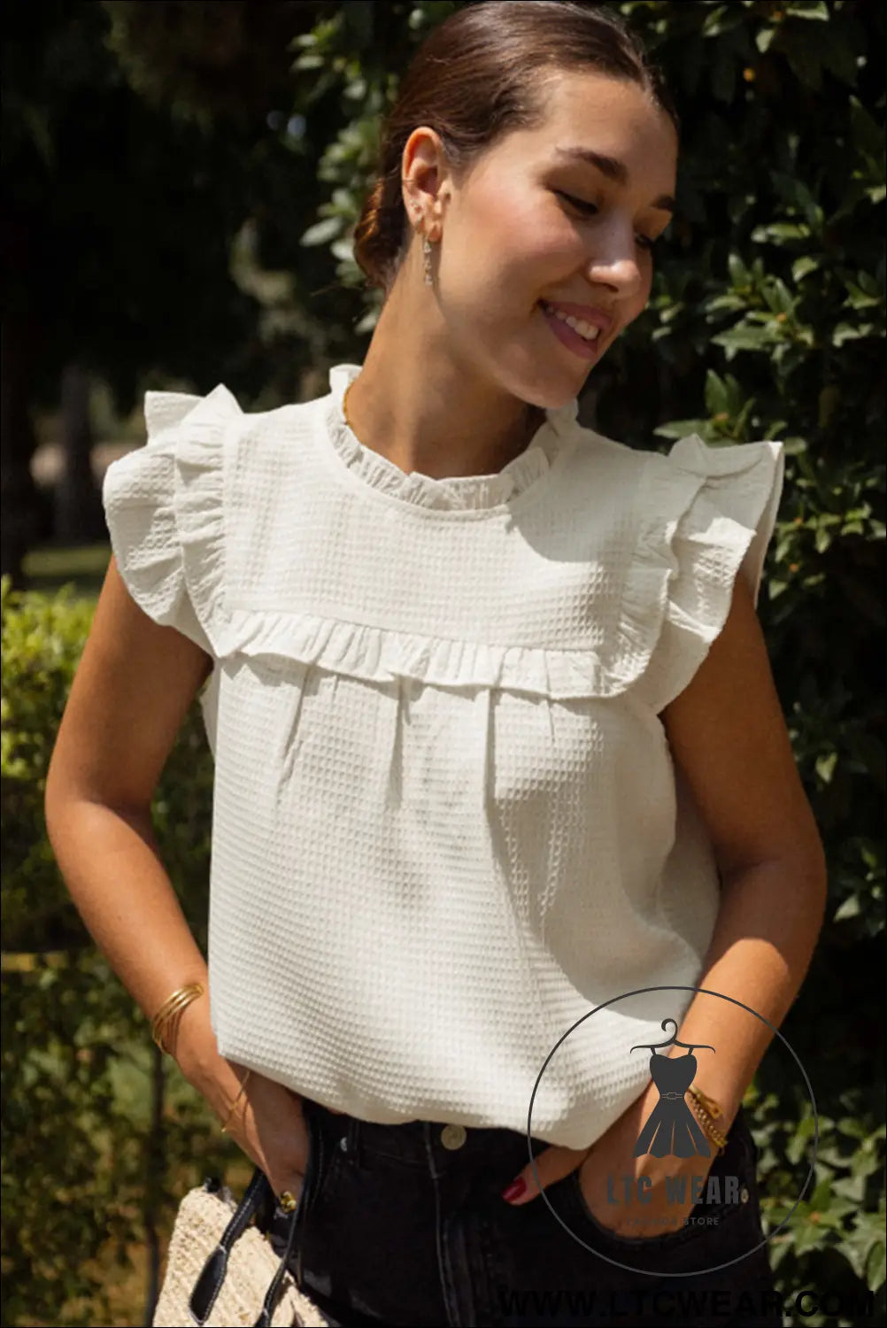 White solid color ruffle trim waffle textured blouse - 15%