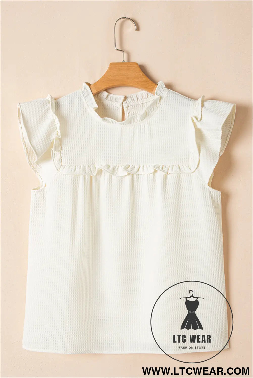White solid color ruffle trim waffle textured blouse - 15%