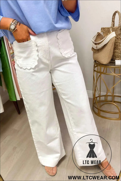 White Solid Color Scalloped Patch Pocket Shift Jeans