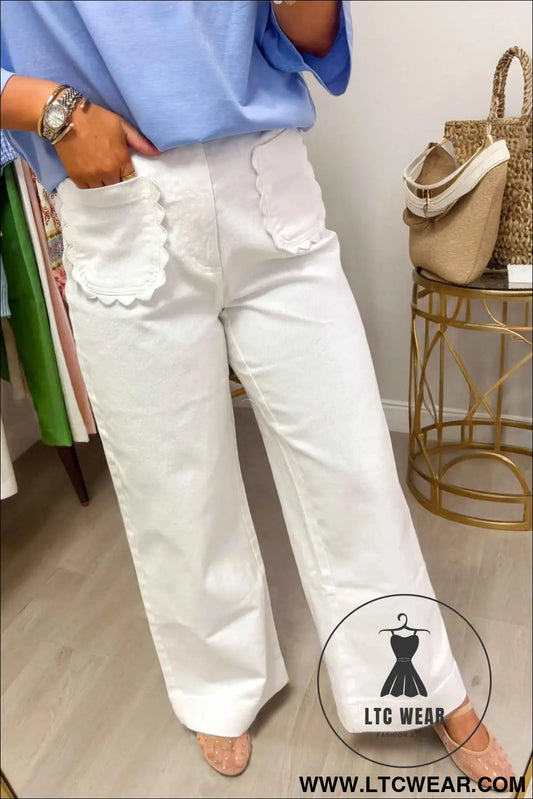 White Solid Color Scalloped Patch Pocket Shift Jeans