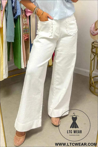 White Solid Color Scalloped Patch Pocket Shift Jeans