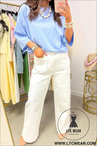 White Solid Color Scalloped Patch Pocket Shift Jeans