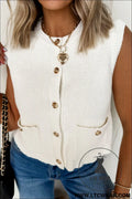 White solid color sleeveless knit button pocketed sweater - white / l / 52% viscose + 26% polyester + 22% polyamide