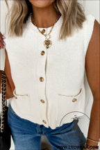 White solid color sleeveless knit button pocketed sweater - white / l / 52% viscose + 26% polyester + 22% polyamide